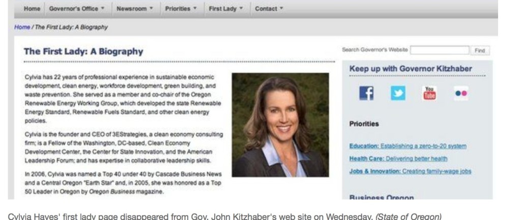 This is what the 'First Lady' page looked like before the Oregonian called for Kitzhaber's resignation. Tonight? It's gone. 